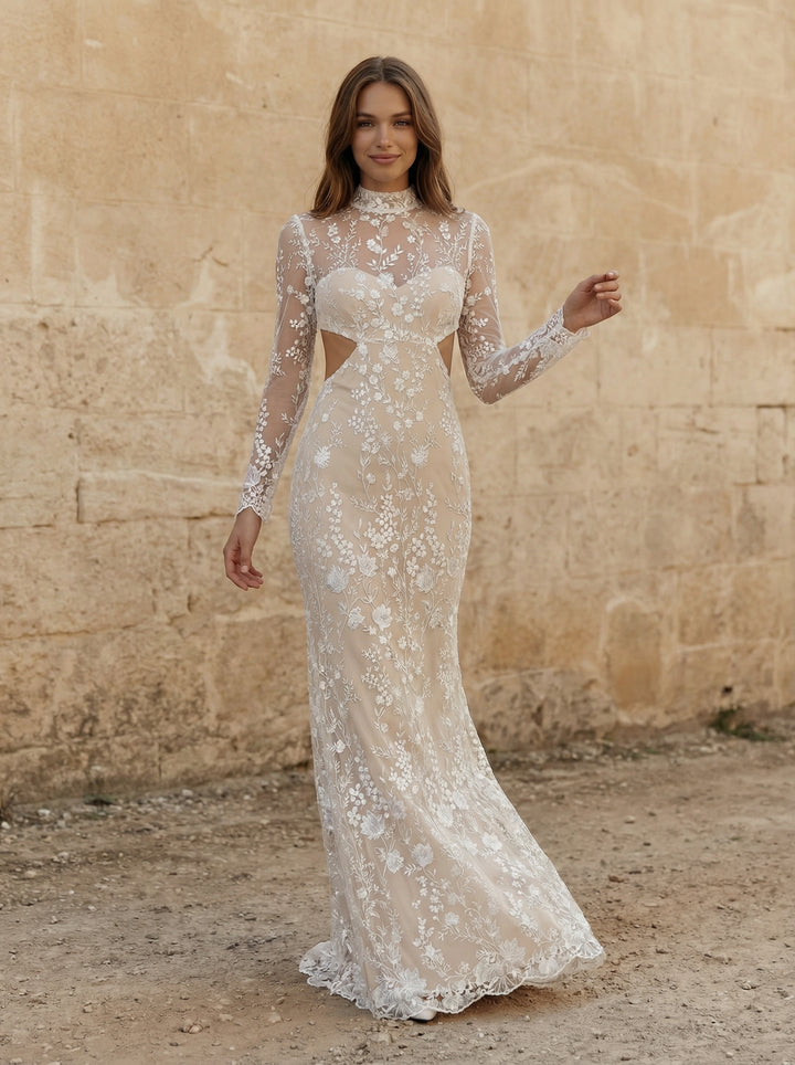 Laces Mermaid High Neck Long Wedding Dresses