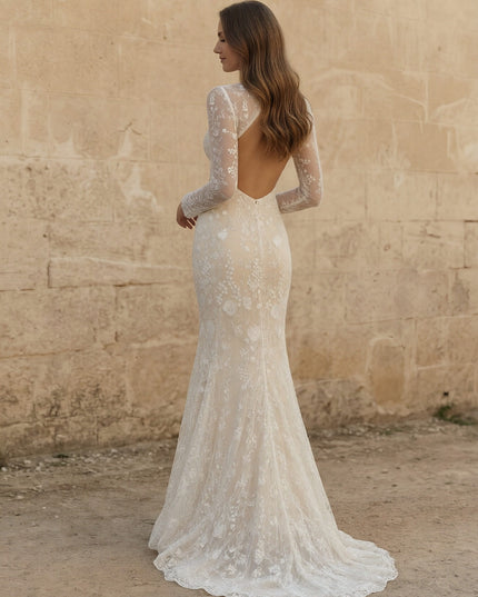 Laces Mermaid High Neck Long Wedding Dresses