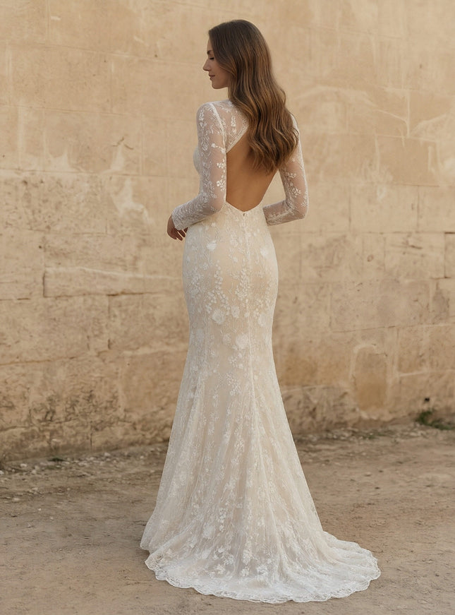 Laces Mermaid High Neck Long Wedding Dresses