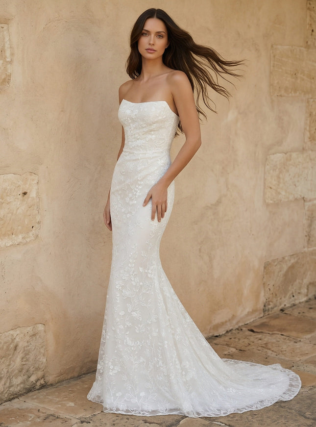Laces Mermaid Strapless Long Wedding Dresses