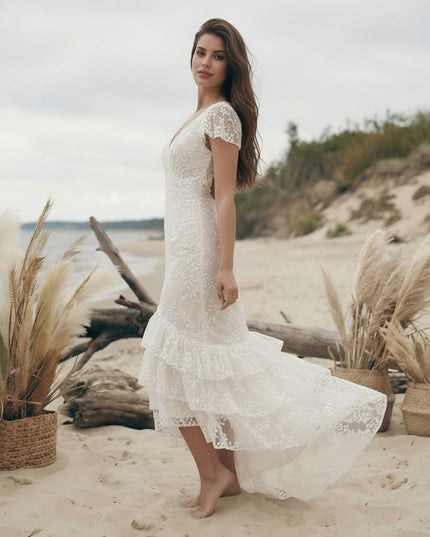 Laces Mermaid V Neck Long Wedding Dresses