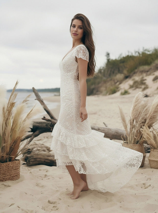 Laces Mermaid V Neck Long Wedding Dresses