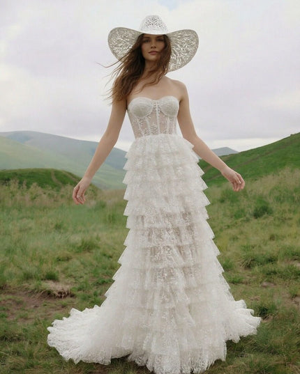 Laces A Line Strapless Long Wedding Dresses