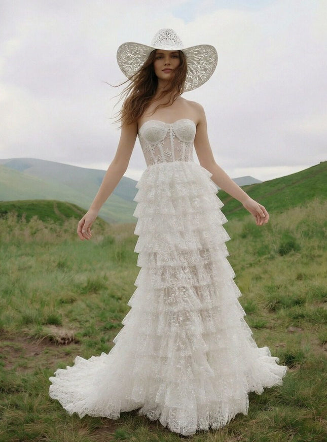 Laces A Line Strapless Long Wedding Dresses