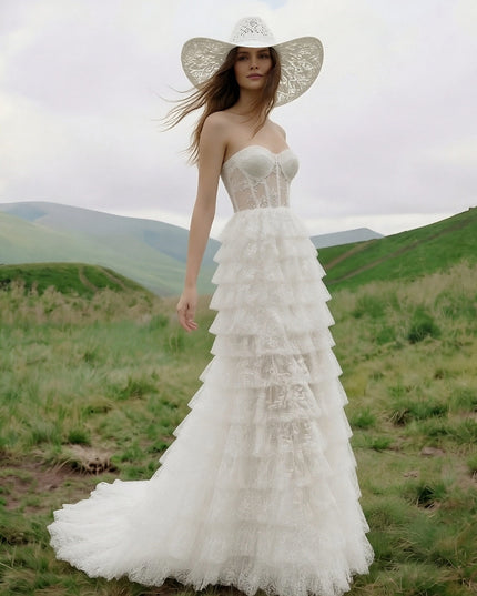 Laces A Line Strapless Long Wedding Dresses