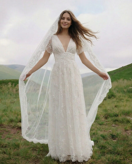 Laces A Line V Neck Long Wedding Dresses