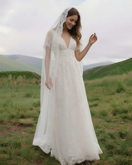Laces A Line V Neck Long Wedding Dresses