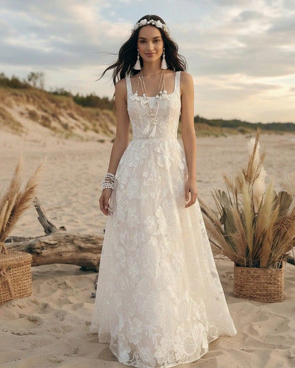 Laces A Line Spaghetti Straps Long Wedding Dresses