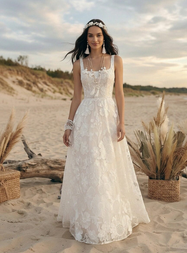 Laces A Line Spaghetti Straps Long Wedding Dresses