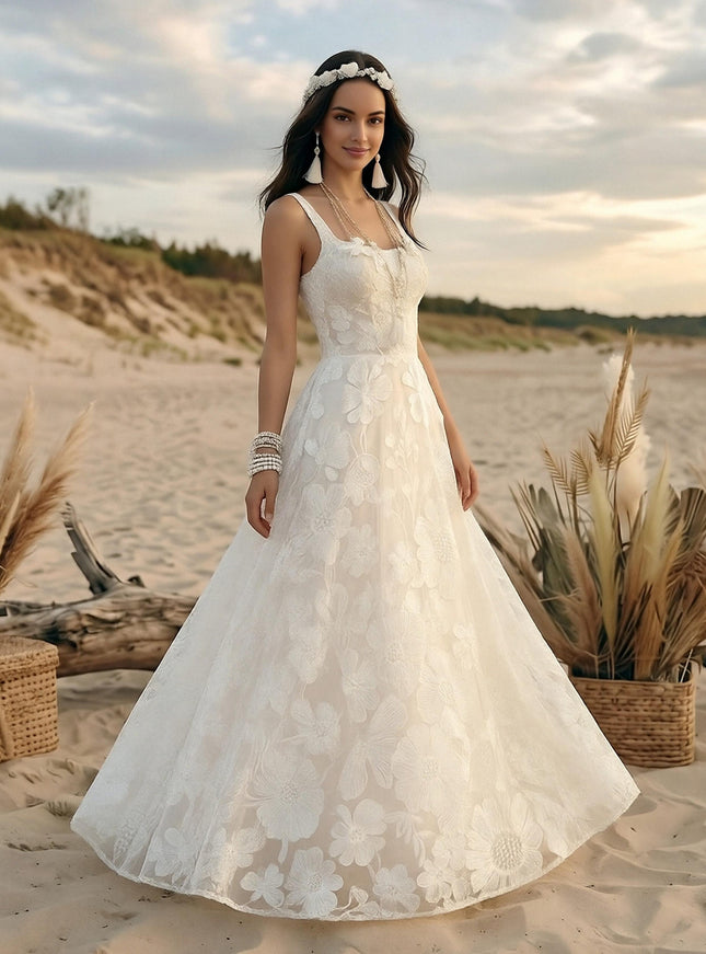 Laces A Line Spaghetti Straps Long Wedding Dresses