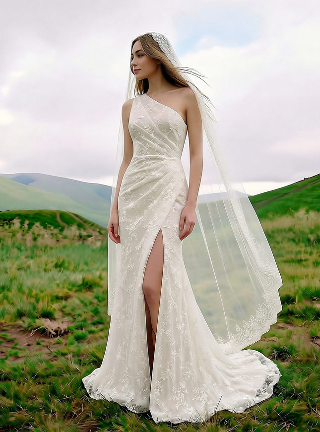 Laces Mermaid One Shoulder Long Wedding Dresses