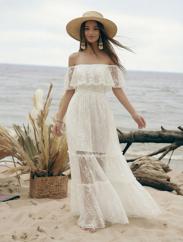 Laces A Line Off the Shoulder Long Wedding Dresses