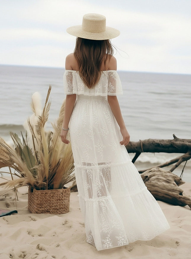 Laces A Line Off the Shoulder Long Wedding Dresses