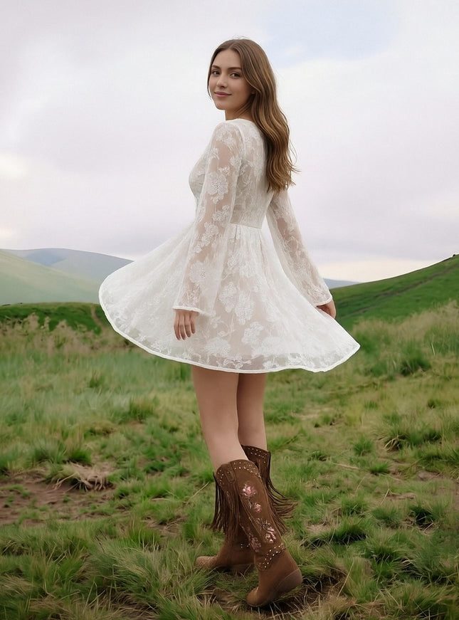 Laces A Line V Neck Short Wedding Dresses