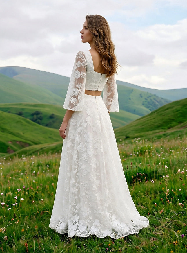 Laces A Line Square Neck Long Wedding Dresses