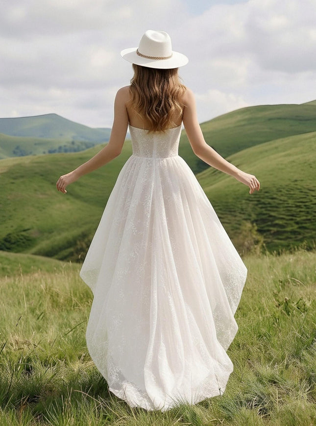 Laces High Low Strapless Long Wedding Dresses