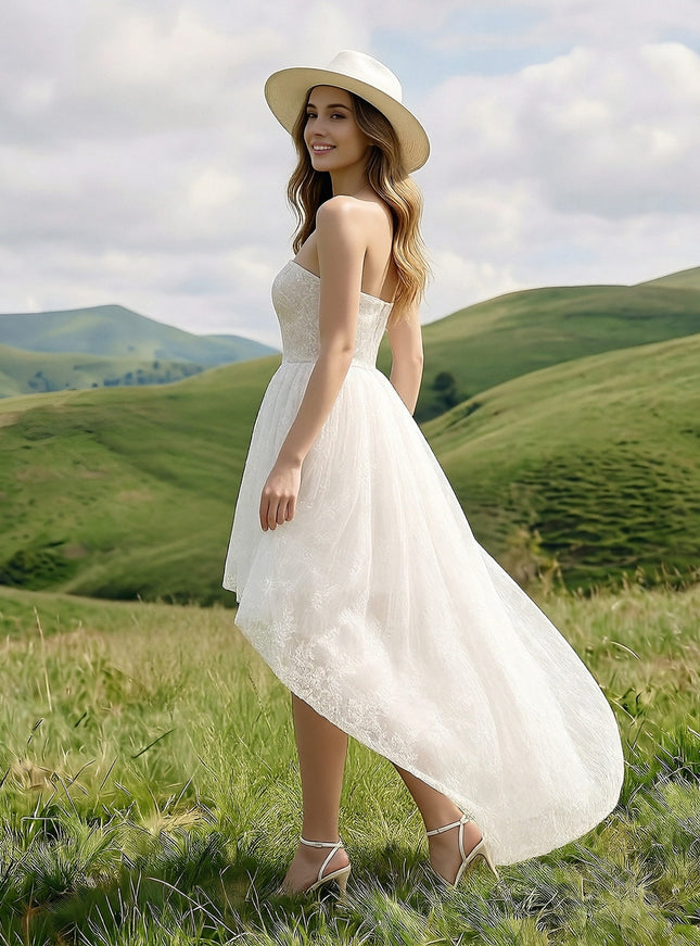Laces High Low Strapless Long Wedding Dresses