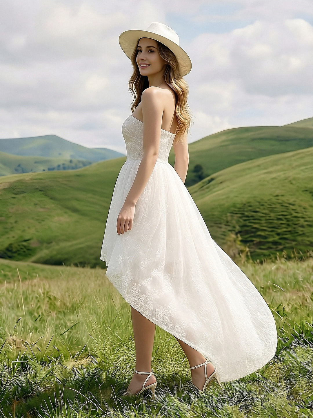 Laces High Low Strapless Long Wedding Dresses