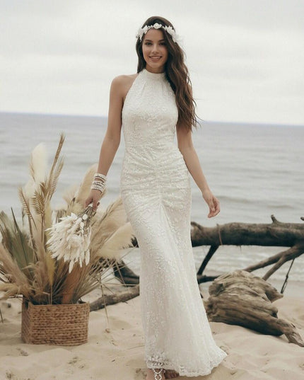 Laces Mermaid Halter Long Wedding Dresses