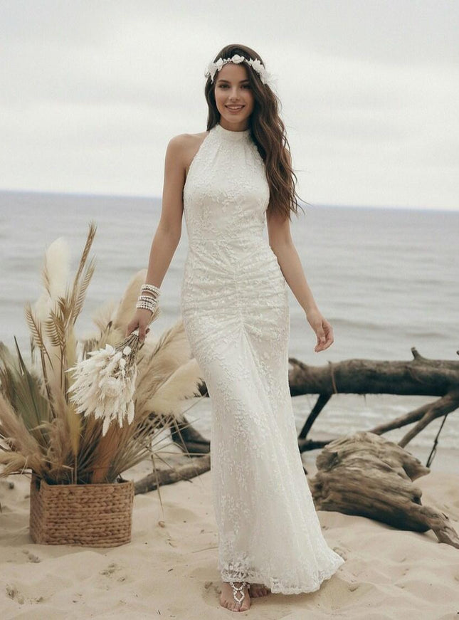 Laces Mermaid Halter Long Wedding Dresses