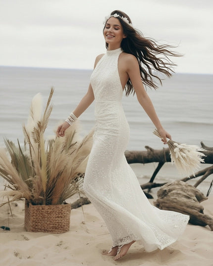 Laces Mermaid Halter Long Wedding Dresses