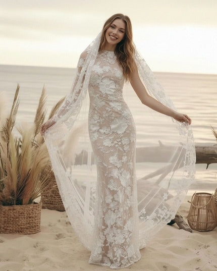 Laces Mermaid Scoop Neck Long Wedding Dresses