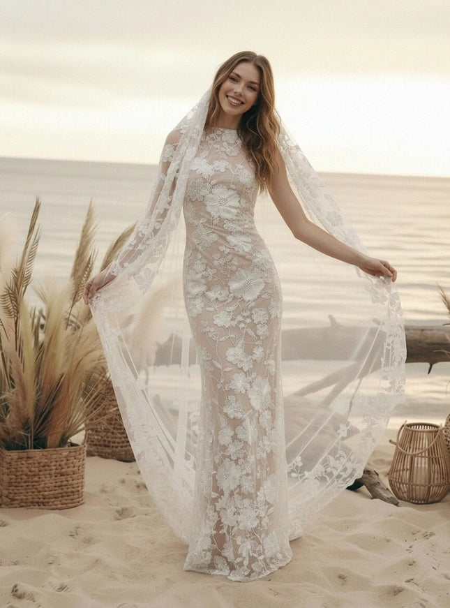 Laces Mermaid Scoop Neck Long Wedding Dresses