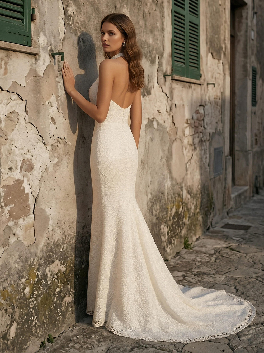 Laces Mermaid Halter Long Wedding Dresses