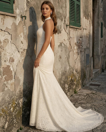 Laces Mermaid Halter Long Wedding Dresses