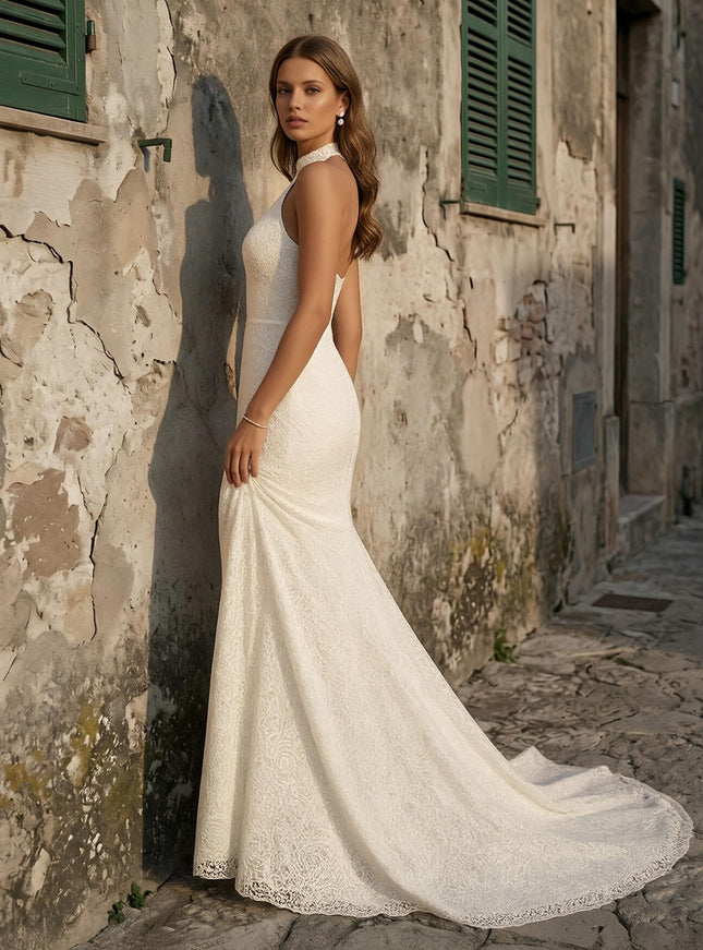 Laces Mermaid Halter Long Wedding Dresses