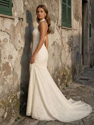 Laces Mermaid Halter Long Wedding Dresses