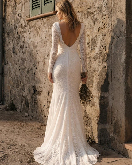Laces Mermaid V Neck Long Wedding Dresses