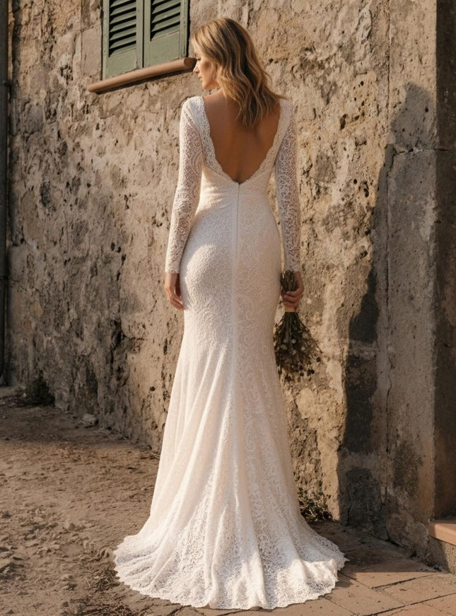 Laces Mermaid V Neck Long Wedding Dresses