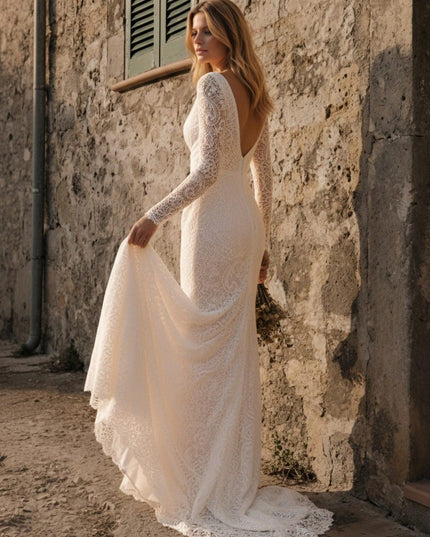 Laces Mermaid V Neck Long Wedding Dresses