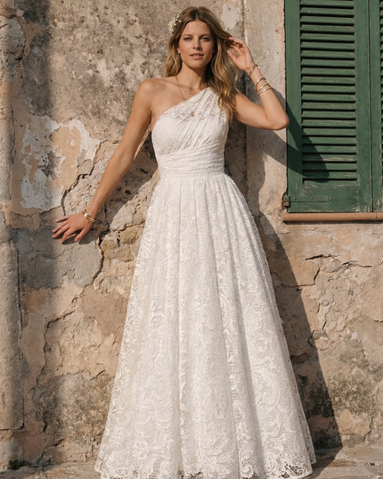 Laces A Line One Shoulder Long Wedding Dresses
