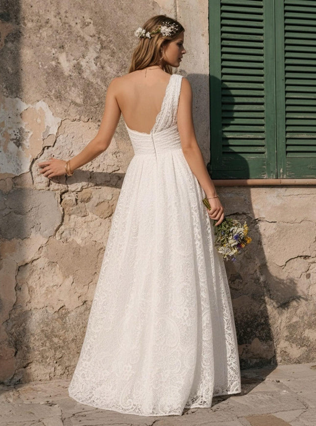 Laces A Line One Shoulder Long Wedding Dresses