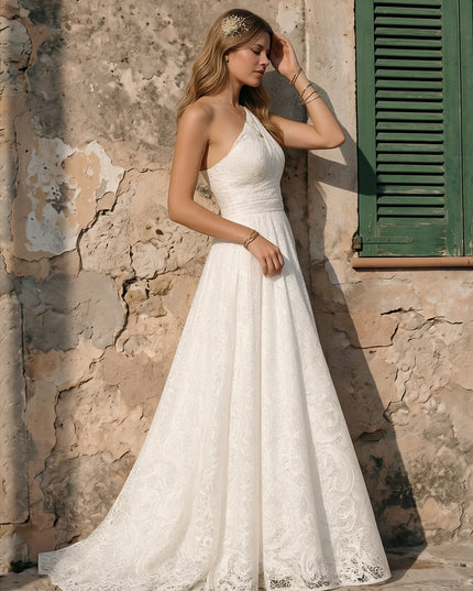 Laces A Line One Shoulder Long Wedding Dresses