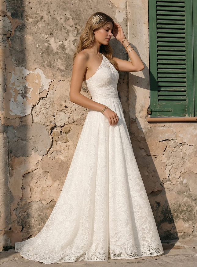 Laces A Line One Shoulder Long Wedding Dresses