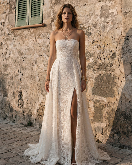 Laces A Line Strapless Long Wedding Dresses