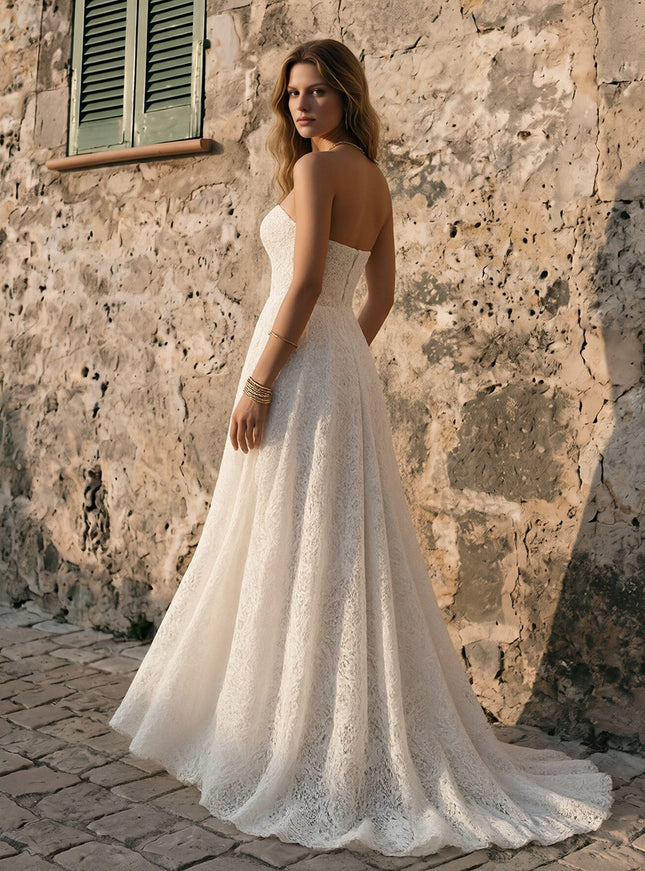 Laces A Line Strapless Long Wedding Dresses