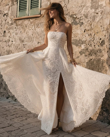 Laces A Line Strapless Long Wedding Dresses
