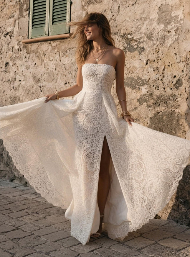 Laces A Line Strapless Long Wedding Dresses