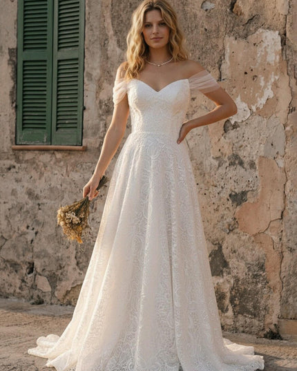 Laces A Line Off the Shoulder Long Wedding Dresses