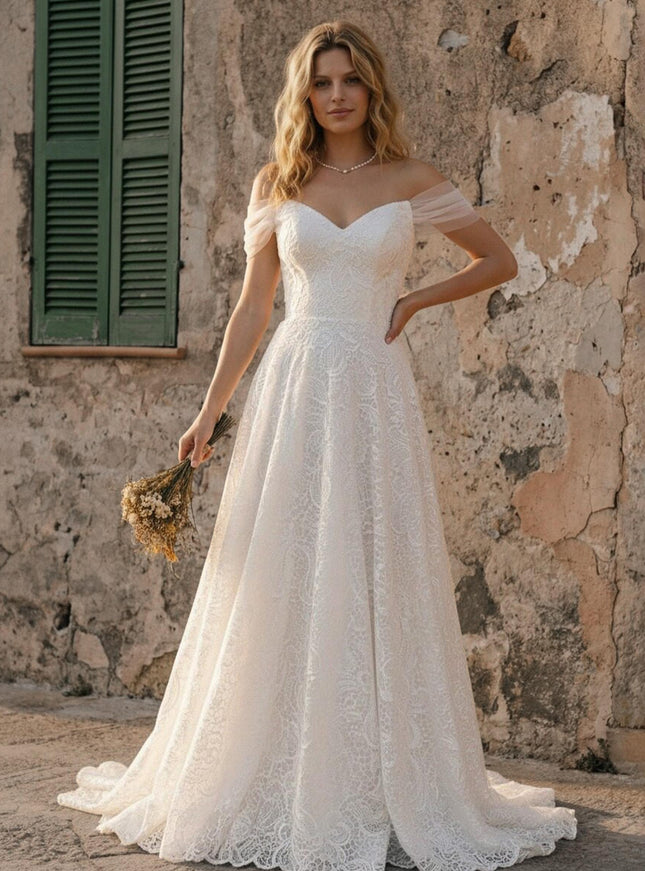 Laces A Line Off the Shoulder Long Wedding Dresses