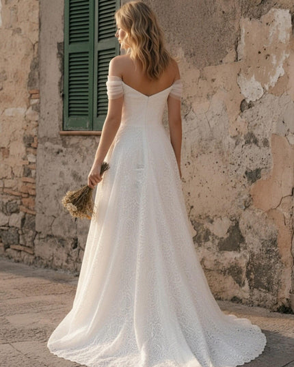 Laces A Line Off the Shoulder Long Wedding Dresses