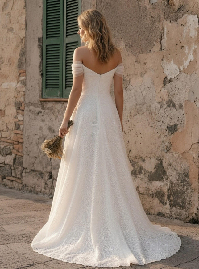 Laces A Line Off the Shoulder Long Wedding Dresses