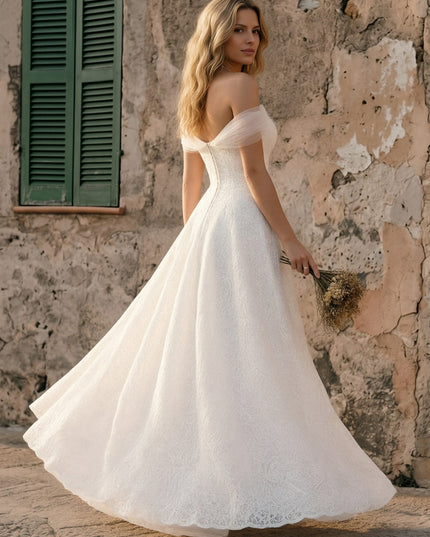 Laces A Line Off the Shoulder Long Wedding Dresses