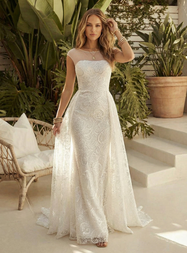 Laces Mermaid Scoop Neck Long Wedding Dresses