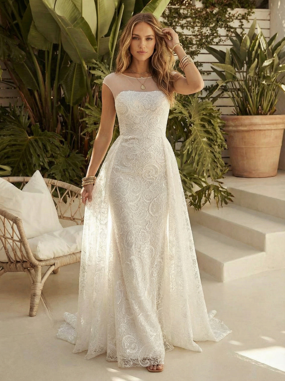 Laces Mermaid Scoop Neck Long Wedding Dresses