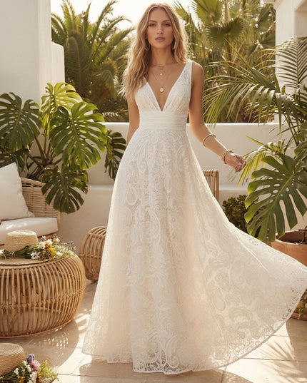 Laces A Line V Neck Long Wedding Dresses